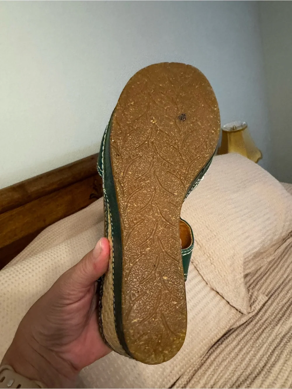 Naya Green Leather Wedge Sandals - Women 9.5